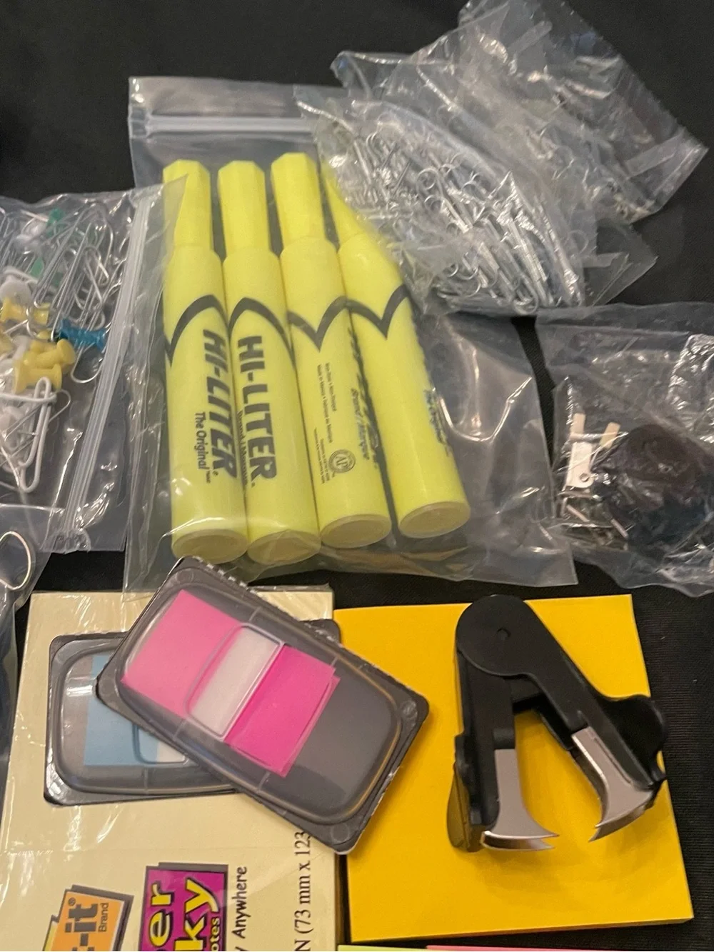 Office Supply Bundle Sticky Flags,Pens. Highlighters Stapler Clamps whiteout